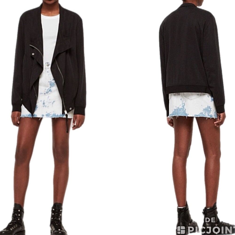 AllSaints Skye Parka Bomber Jacket Waterfall Necline Ribbed Trim Black Large